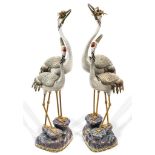 A pair of cloisonné enamel double crane censers, each group finely modelled as a large crane and