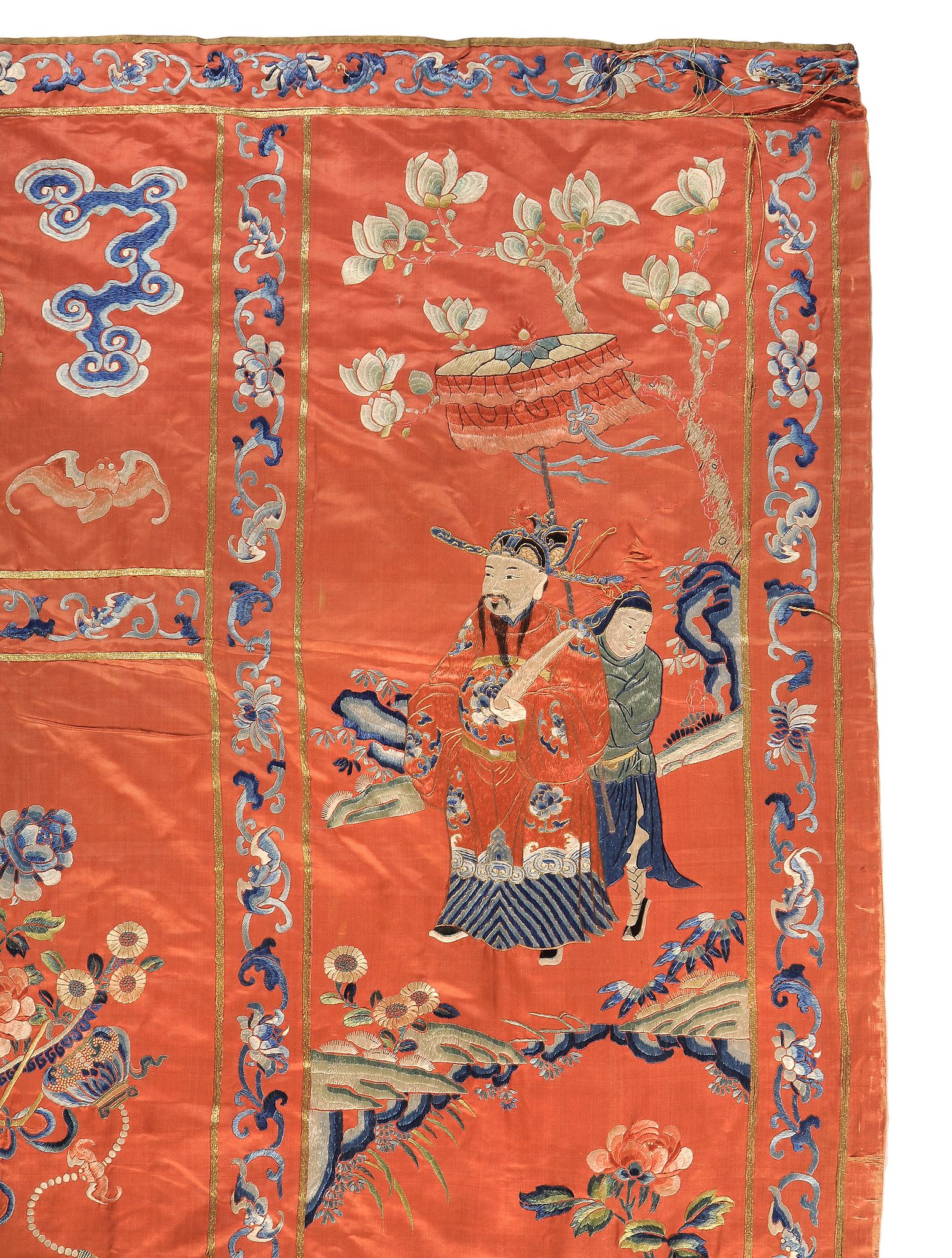 A large red silk ground commemorative hanging, 19th century , embroidered with Magu serving the - Image 4 of 7