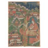 A rare Tibetan thangka of Shantirakshita, 17th-18th century  , seated on cushion over a throne,