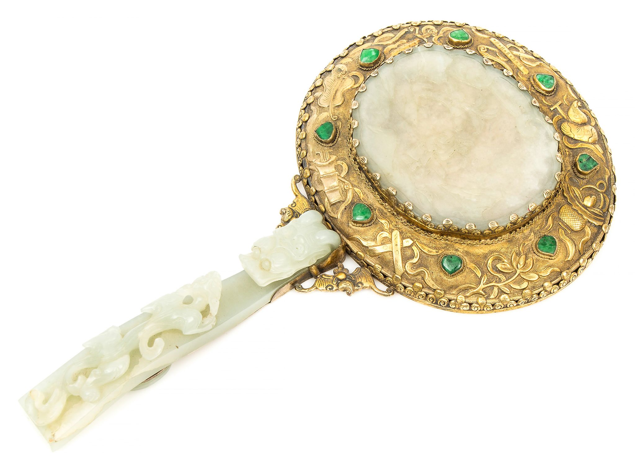 A gilded metal mounted jade mirror, 19th century  , the celadon jade dragon belt- hook forming the - Image 2 of 2