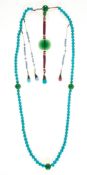 A Mandarin necklace,  chaozhu  , late Qing  , composed of 107 evenly sized turquoise-blue glass