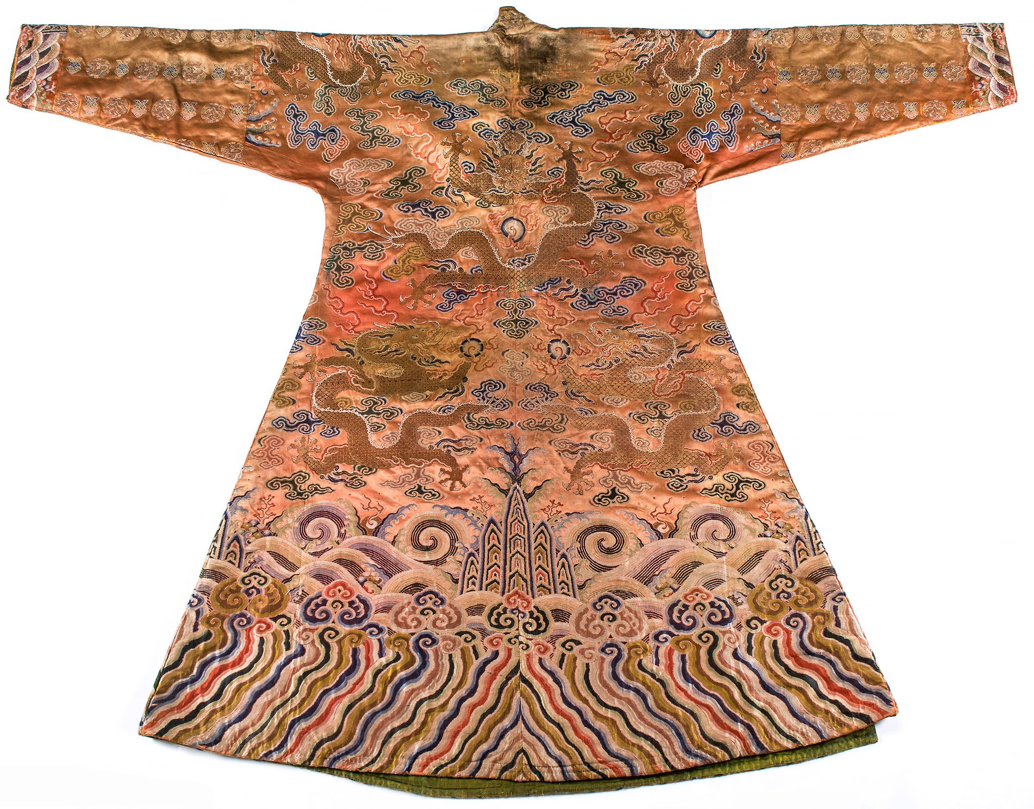 A coral ground silk Tibetan chuba, tailored from 18th century Chinese  kesi  , featuring eight - Image 2 of 8