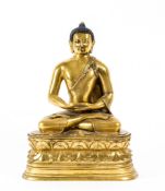 A Mongolian gilded bronze figure of Buddha  , seated in dhyanasana on a double-lotus base, his