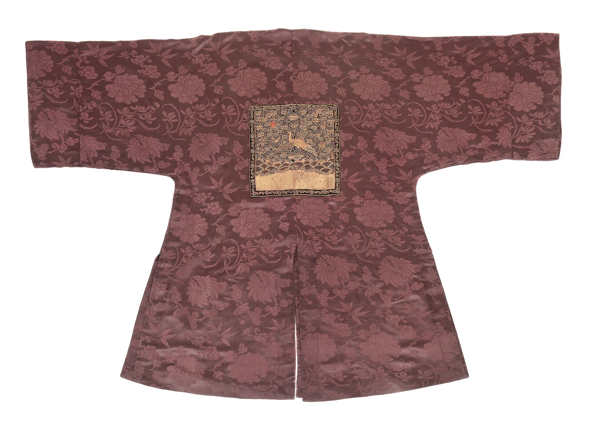 A civil official s burgundy brocade silk surcoat, bufu, 19th century  , finely woven with blooming - Image 2 of 4