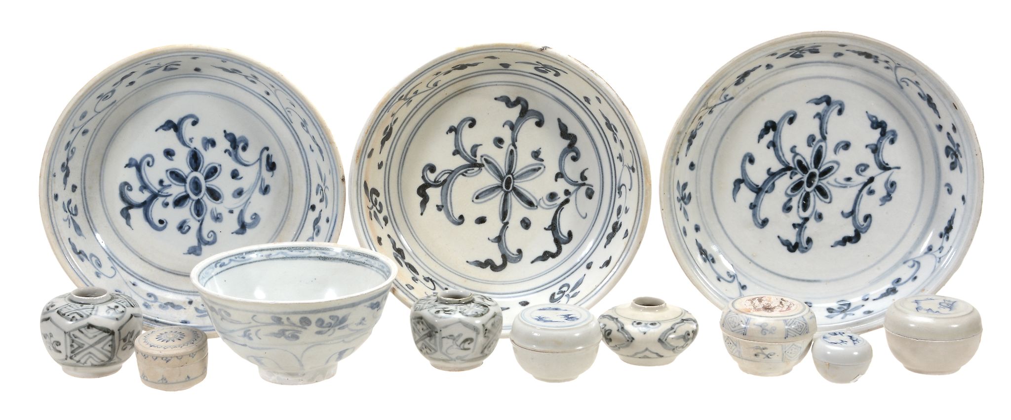 A group of Hoi An Hoard blue and whiteVietnamese porcelain  ,   15th century  , comprising: three