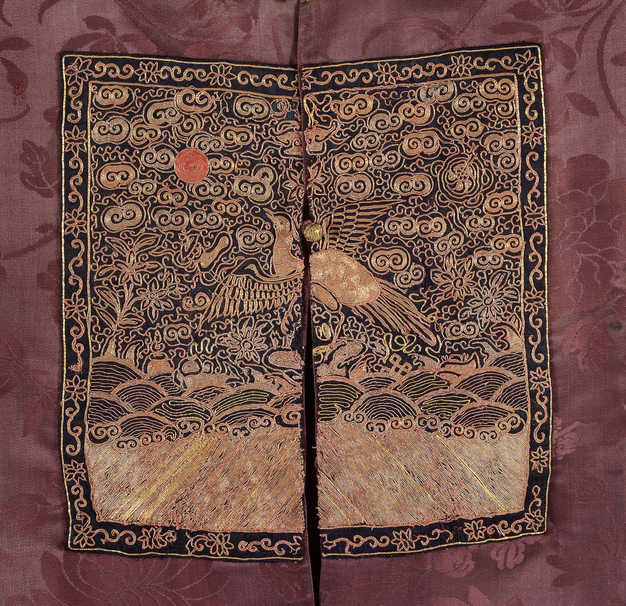 A civil official s burgundy brocade silk surcoat, bufu, 19th century  , finely woven with blooming - Image 3 of 4