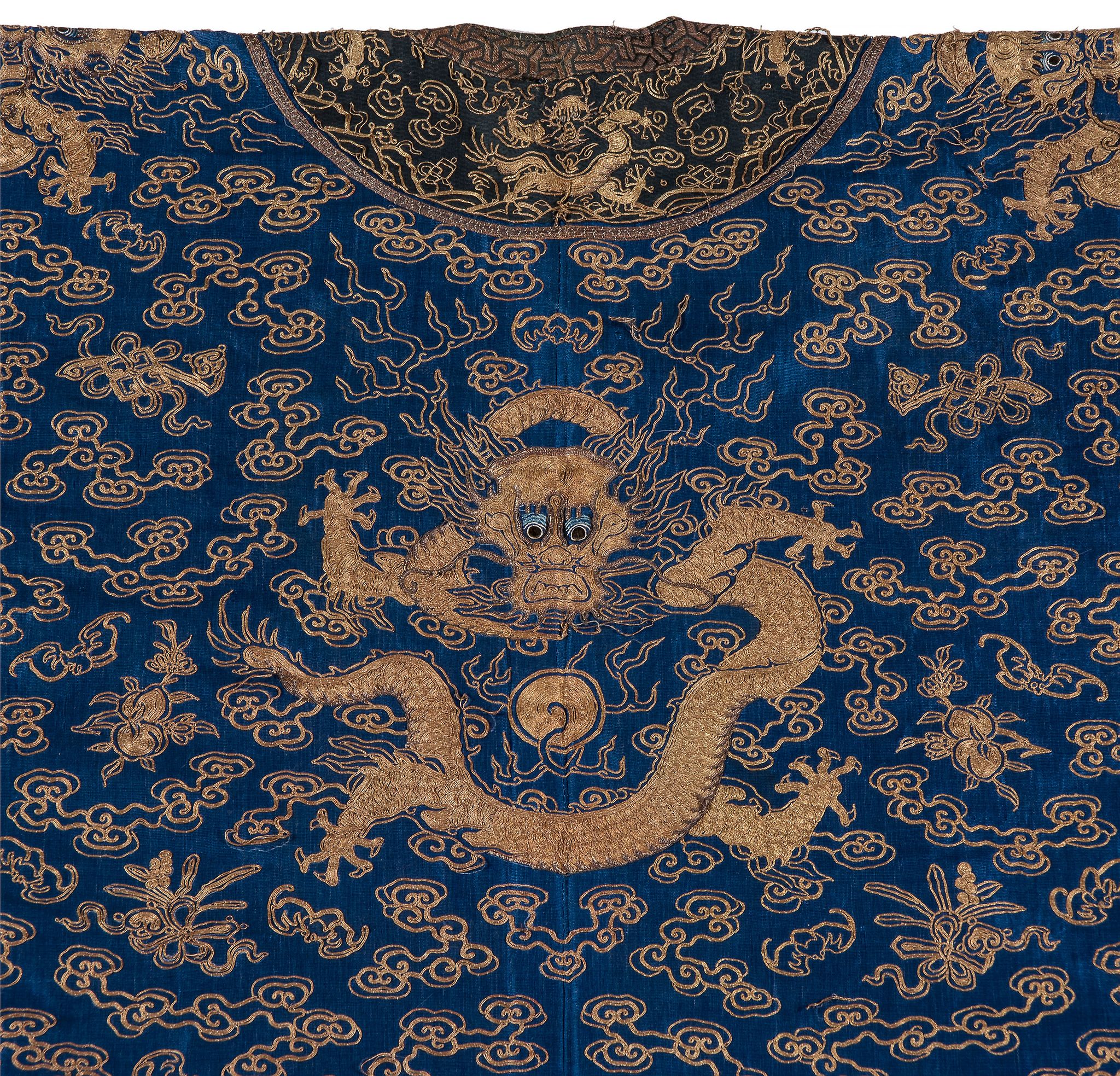 A blue gauze court  dragon robe , jifu, 19th century   , finely worked in couched gilt thread - Image 3 of 6