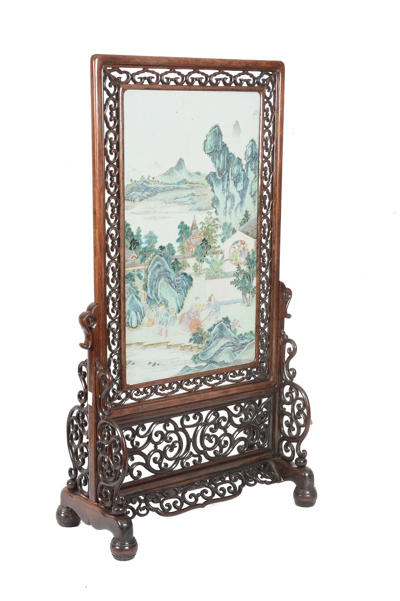 A Chinese porcelain mounted table screen, 19th century,   painted in  famille rose   enamels with - Image 2 of 2