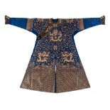A blue gauze court  dragon robe , jifu, 19th century   , finely worked in couched gilt thread