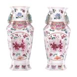 A pair of  famille rose   vases, 19th century,   of rectangular hexagonal section , painted with