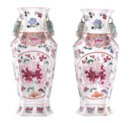 A pair of  famille rose   vases, 19th century,   of rectangular hexagonal section , painted with