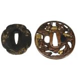 A Copper Soten School Tsuba   of oval form pierced and carved in hikone-bori with sagacious figures