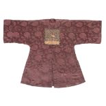 A civil official s burgundy brocade silk surcoat, bufu, 19th century  , finely woven with blooming