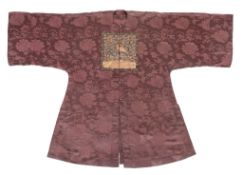 A civil official s burgundy brocade silk surcoat, bufu, 19th century  , finely woven with blooming