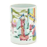 A  famille rose   brush pot,  bitong  , 18th century  , decorated with two court figures in a