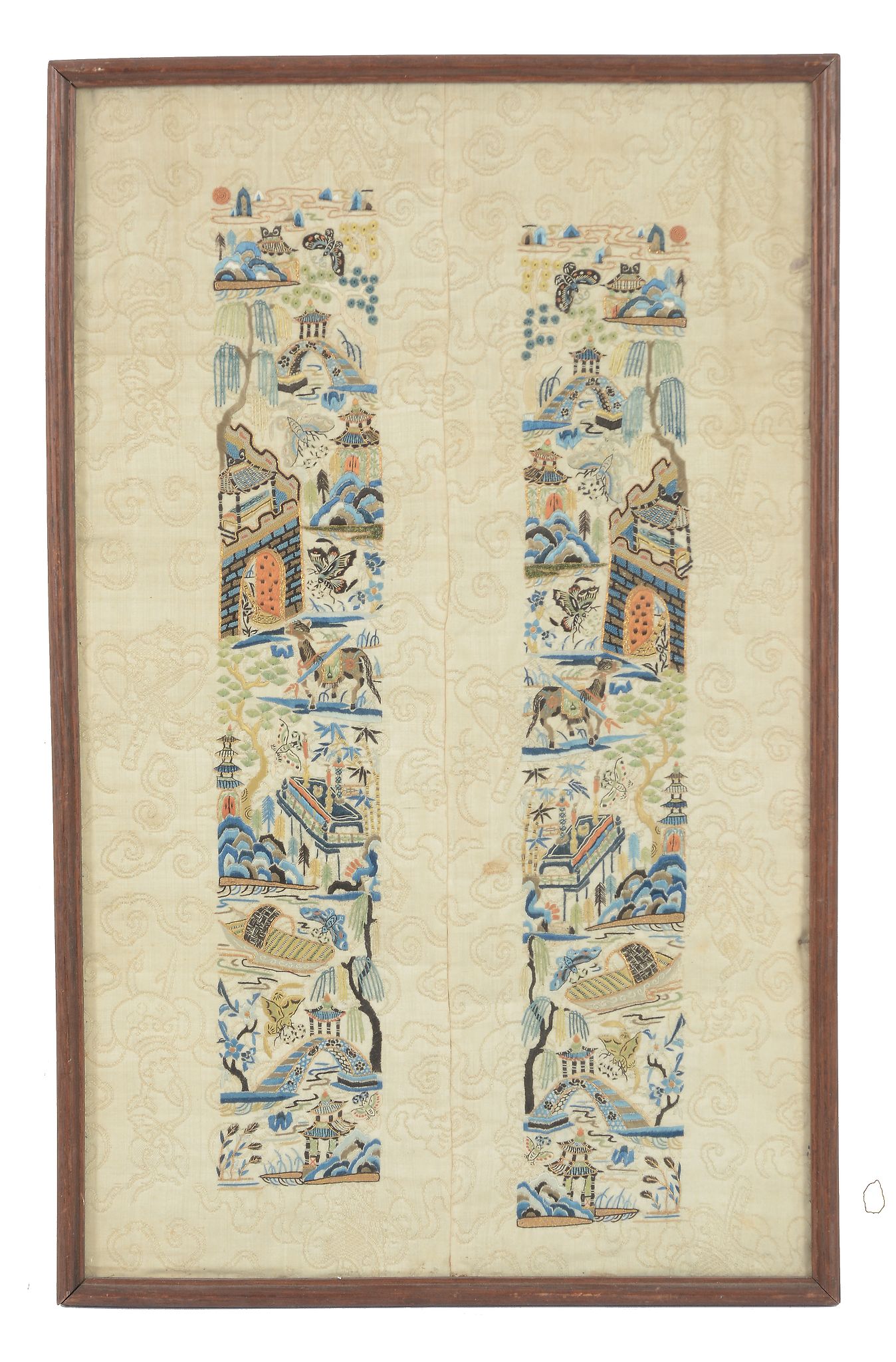 A pair of silk sleevebands, 19th century  , finely embroidered in satin stitch in the five colours