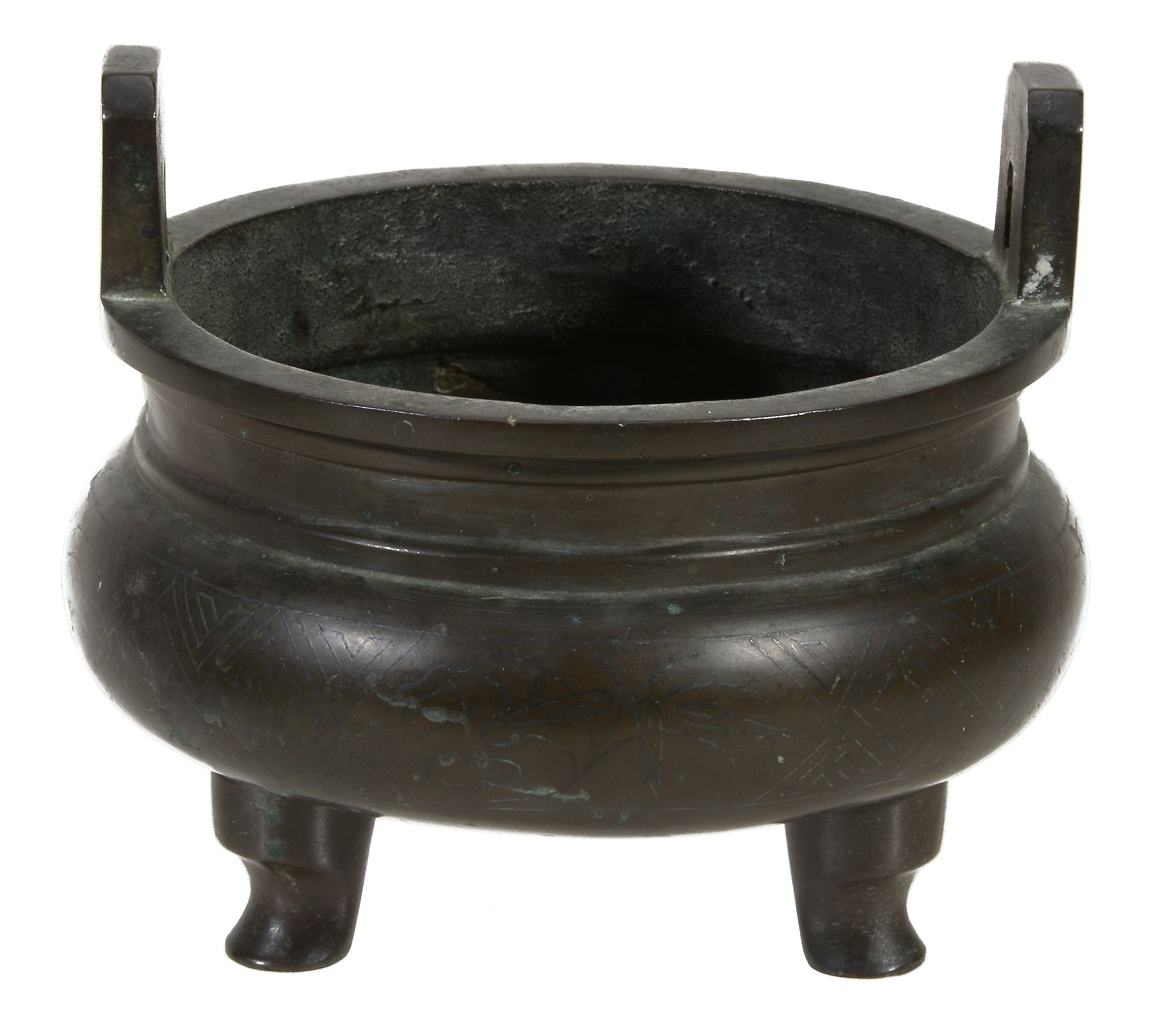 A Chinese silver-inlaid bronze tripod two- handled censer,     ding  , decorated to the body with a