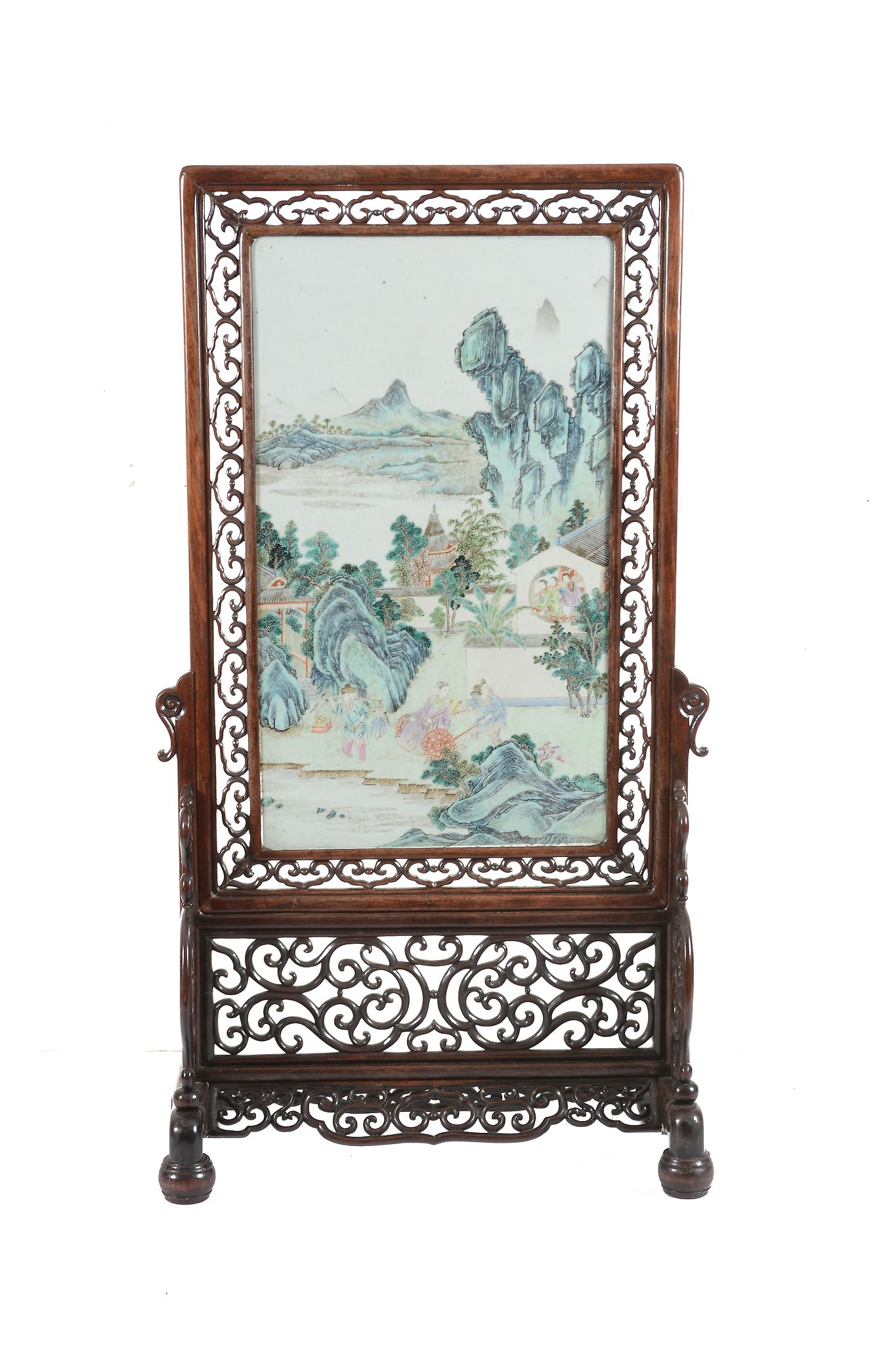 A Chinese porcelain mounted table screen, 19th century,   painted in  famille rose   enamels with