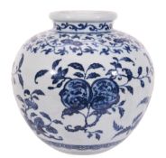 A Chinese ovoid blue and white vase,    painted in early Ming style,  with spryas of fruit,