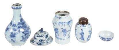 A Chinese blue and white jar, Kangxi  ,  painted with alternating panels of figures and flowers,
