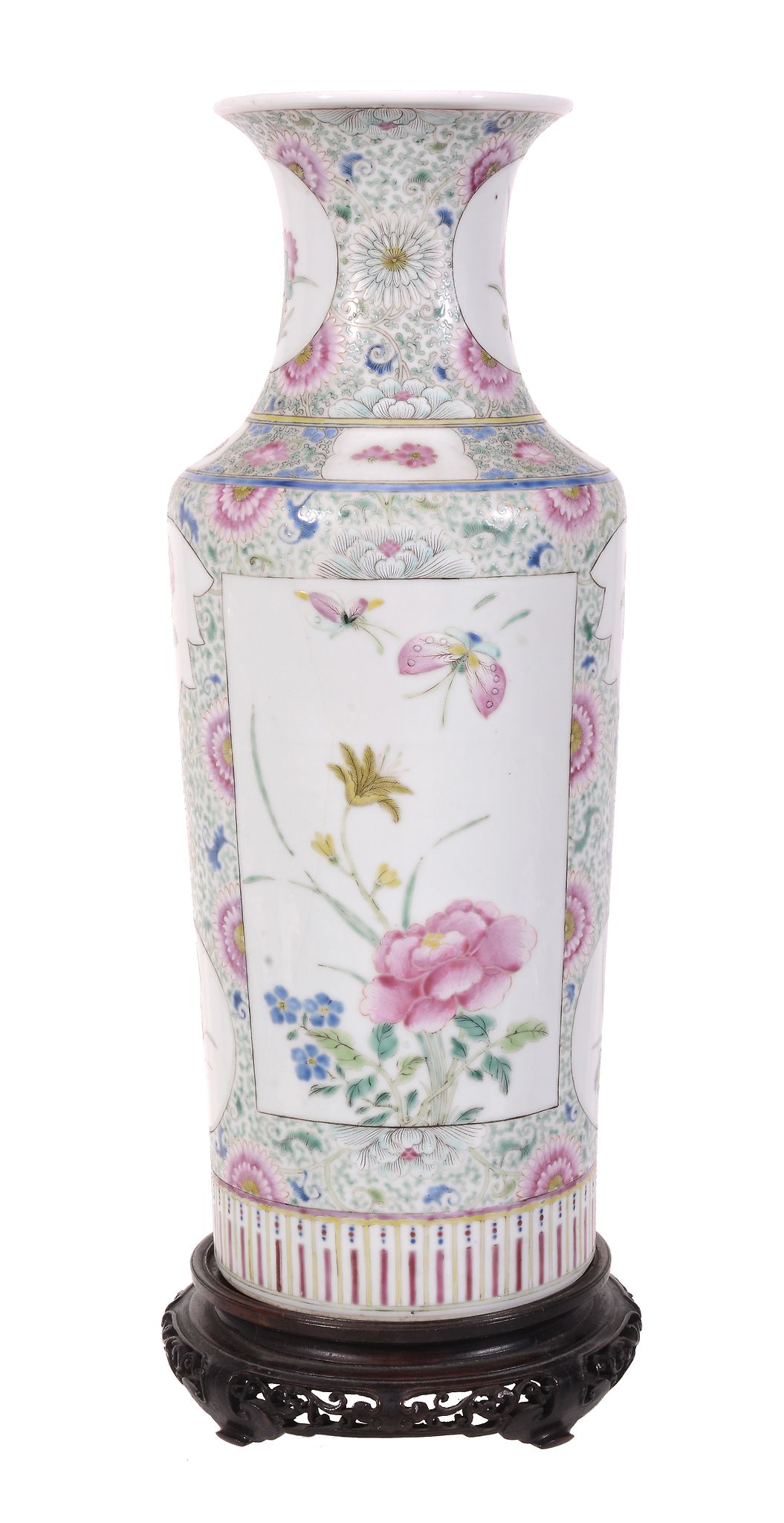 A Chinese  famille rose   vase,   the cylindrical body with flared neck, painted with panels of