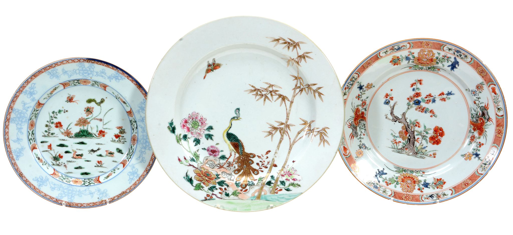 A  famille rose   dish, Qianlong  , painted with a peacock standing on a rock between bamboo and