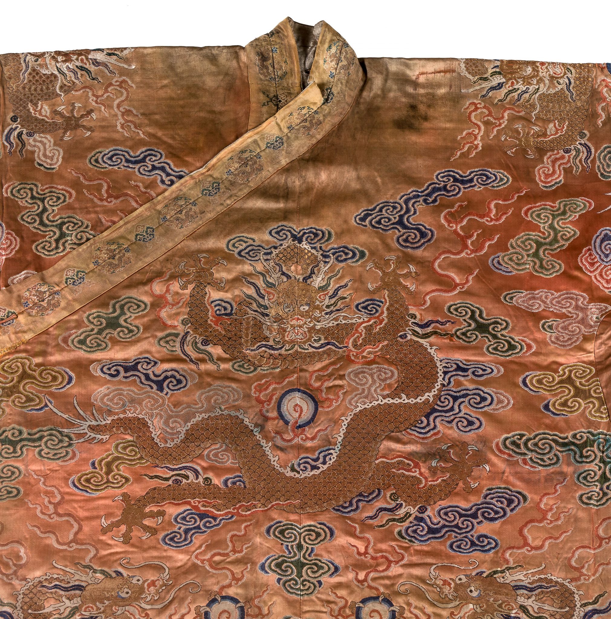 A coral ground silk Tibetan chuba, tailored from 18th century Chinese  kesi  , featuring eight - Image 5 of 8