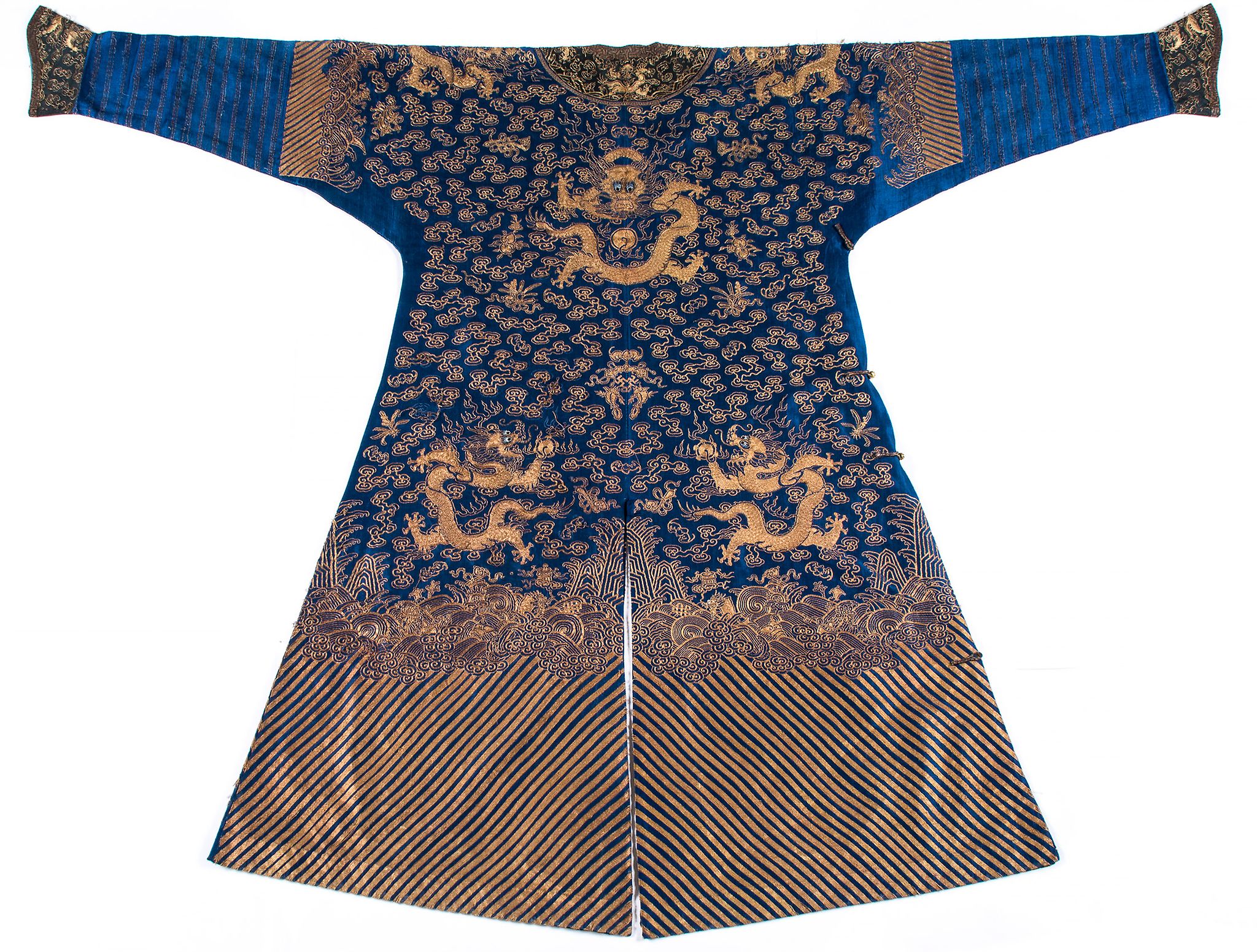 A blue gauze court  dragon robe , jifu, 19th century   , finely worked in couched gilt thread - Image 2 of 6