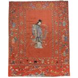 A large red silk ground commemorative hanging, 19th century , embroidered with Magu serving the