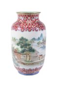 A Chinese  famille rose   landscape vase  ,  early 20th century,   well  painted with a scene of