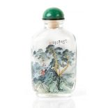 An inside painted glass snuff bottle   of upright rectangular form, delicately painted with