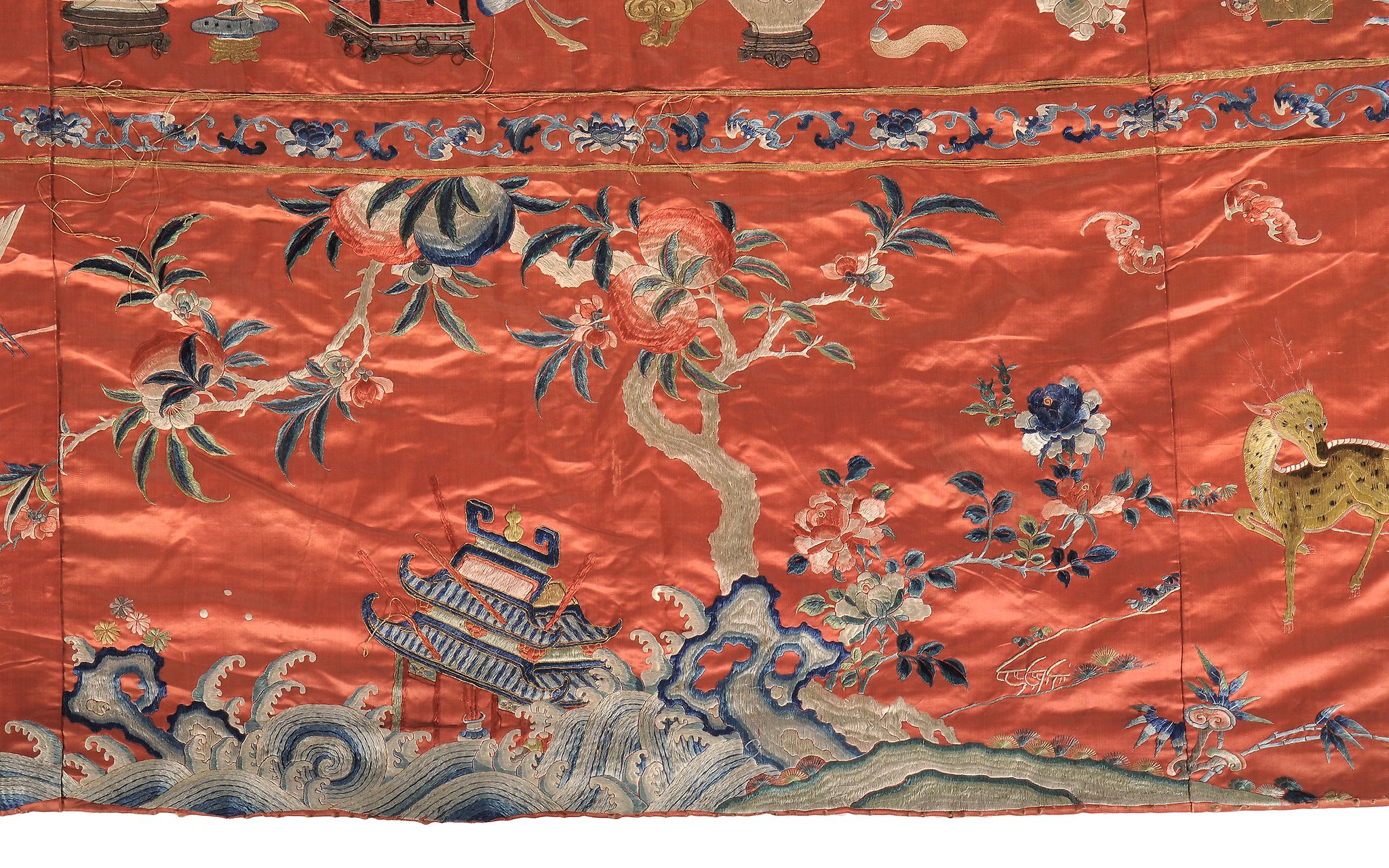 A large red silk ground commemorative hanging, 19th century , embroidered with Magu serving the - Image 6 of 7
