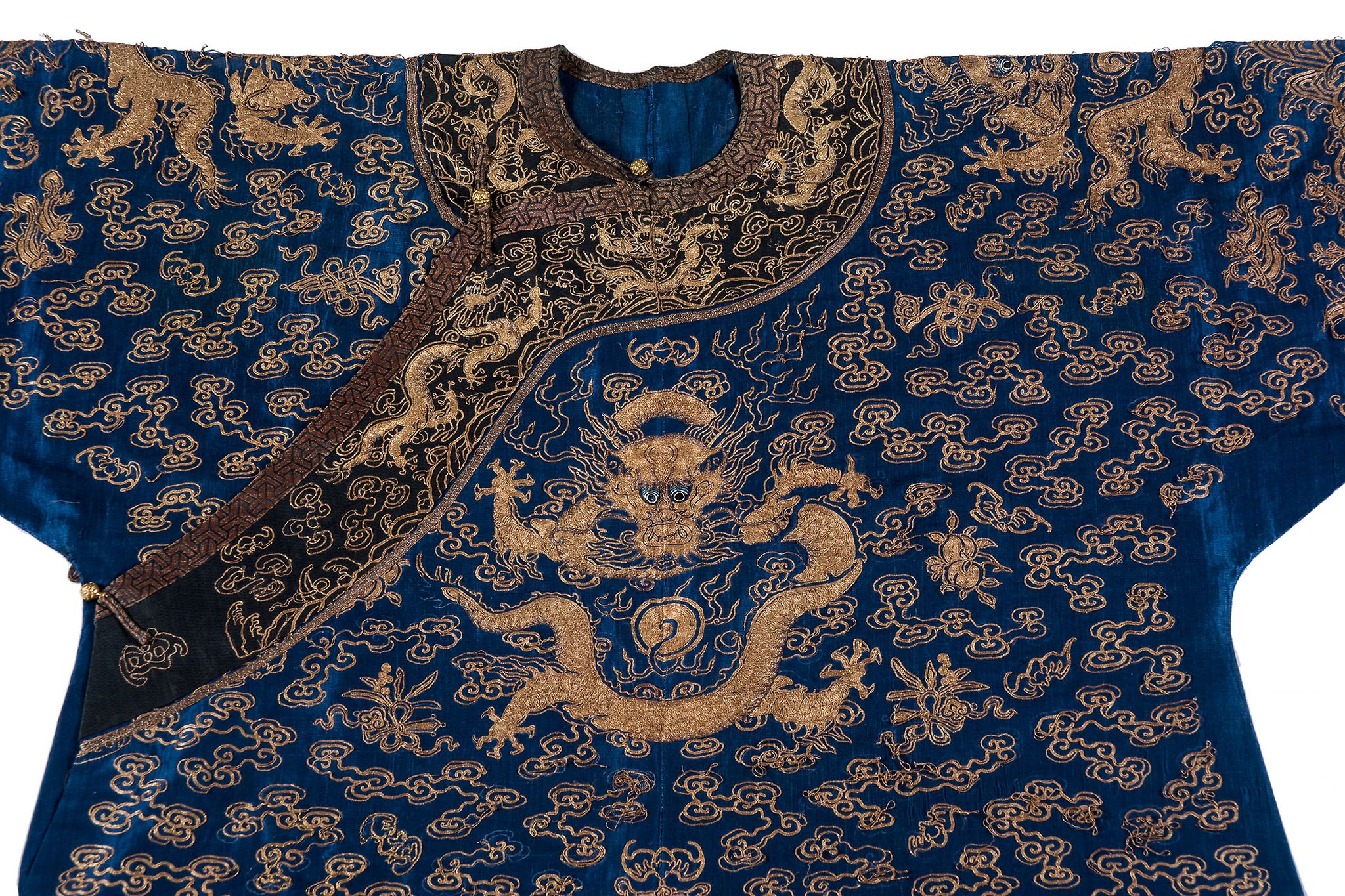 A blue gauze court  dragon robe , jifu, 19th century   , finely worked in couched gilt thread - Image 6 of 6