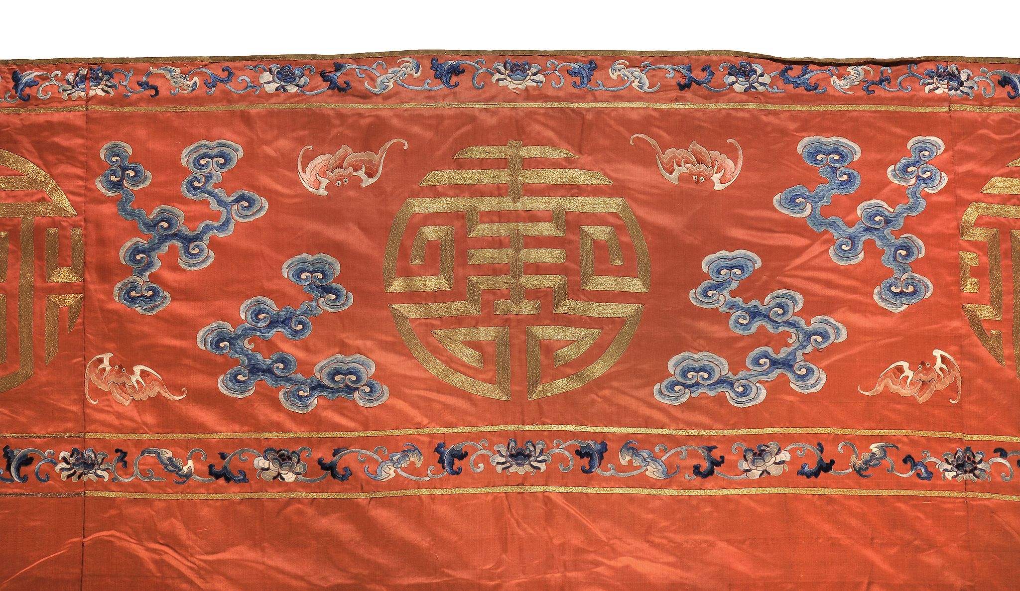 A large red silk ground commemorative hanging, 19th century , embroidered with Magu serving the - Image 5 of 7