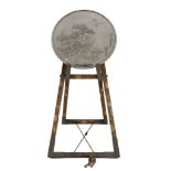 A Large Japanese Bronze Mirror, Case and Stand,   the circular mirror cast to one side with cranes,