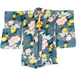 Three Japanese silk kimonos  , 19th and 20th century, of fuchsia brocade satin woven with blooming