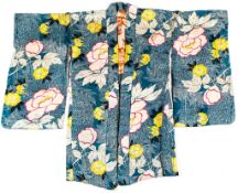 Three Japanese silk kimonos  , 19th and 20th century, of fuchsia brocade satin woven with blooming