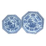Two blue and white octangonal dishes  ,   Kangxi  , the centres painted with a boy on a pagoda