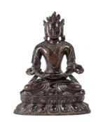 A rare, carved wood figure of Amitayus, 18th-19th century  , seated in dhyanasana on a double lotus