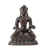 A rare, carved wood figure of Amitayus, 18th-19th century  , seated in dhyanasana on a double lotus