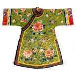 A Manchu woman s informal robe, changyi, late Qing dynasty  , the emerald green silk damask, finely