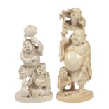 An Ivory Okimono of Hotei   standing with waves swirling around his feet, he supports a small boy