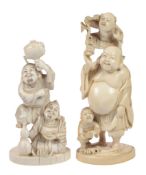 An Ivory Okimono of Hotei   standing with waves swirling around his feet, he supports a small boy