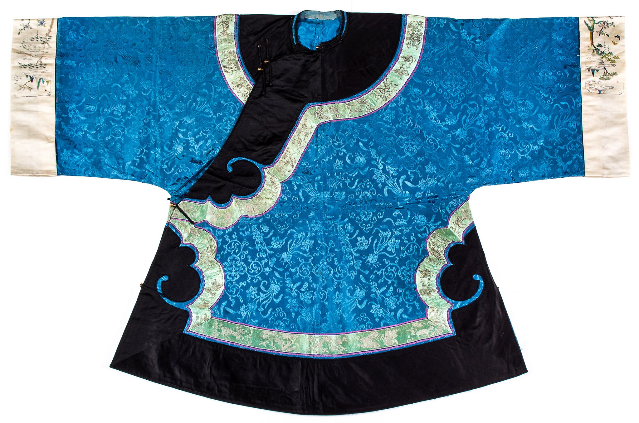 A Han Chinese woman s informal coat,  ao  , late Qing  , the blue coloured damask finely woven with