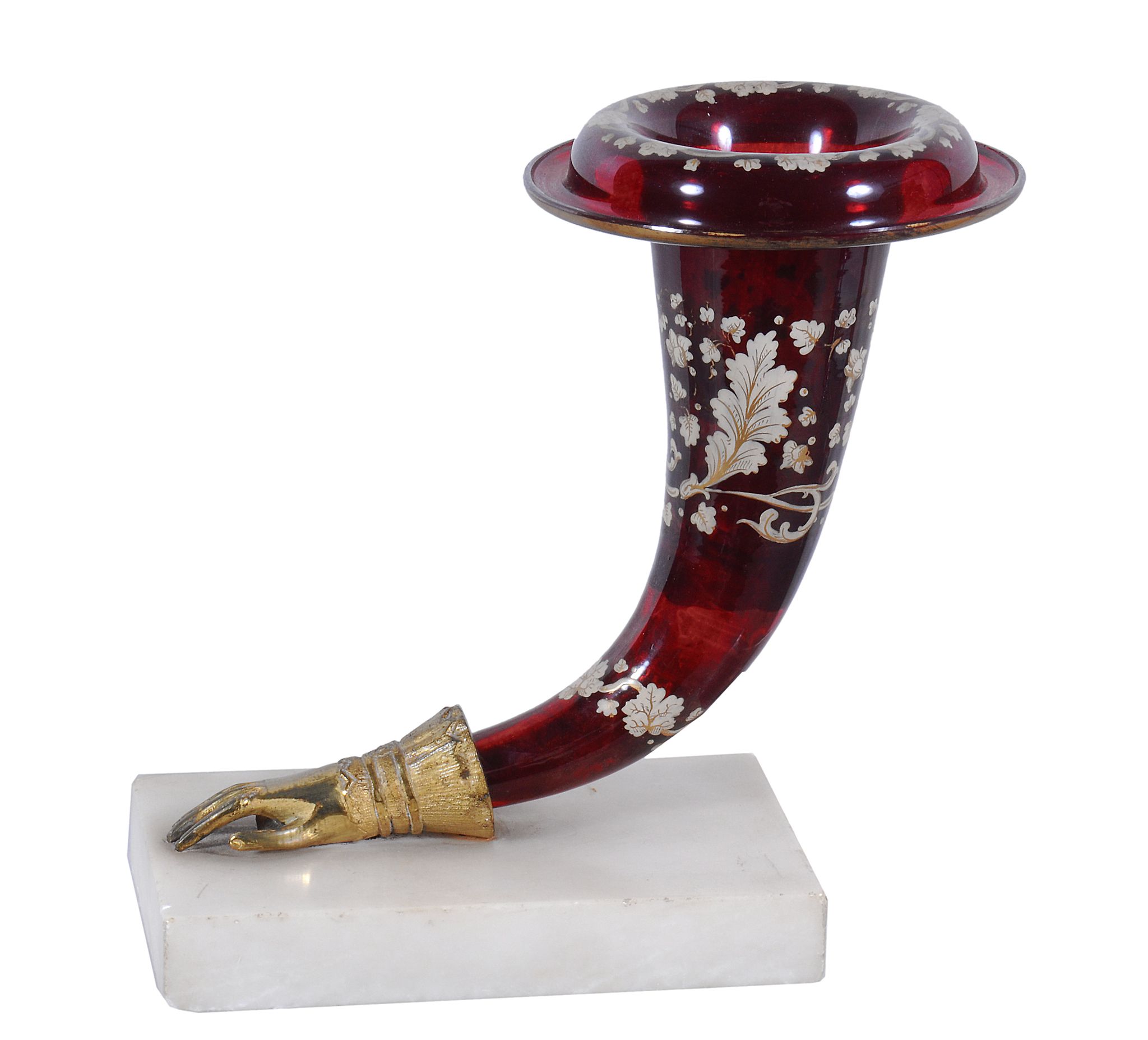 A Victorian ruby glass and gilt metal mounted cornucopia vase, third quarter 19th century,  with