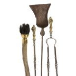 A set of three steel and brass mounted fire tools,   mid 19th century, comprising a shovel, poker