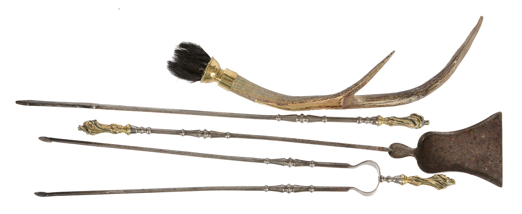A set of three steel and brass mounted fire tools,   mid 19th century, comprising a shovel, poker - Image 2 of 2