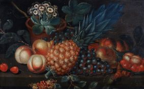 Attributed to William Sartorius (1841-1907)  Still life of fruit and an auricula in a pot  Oil on