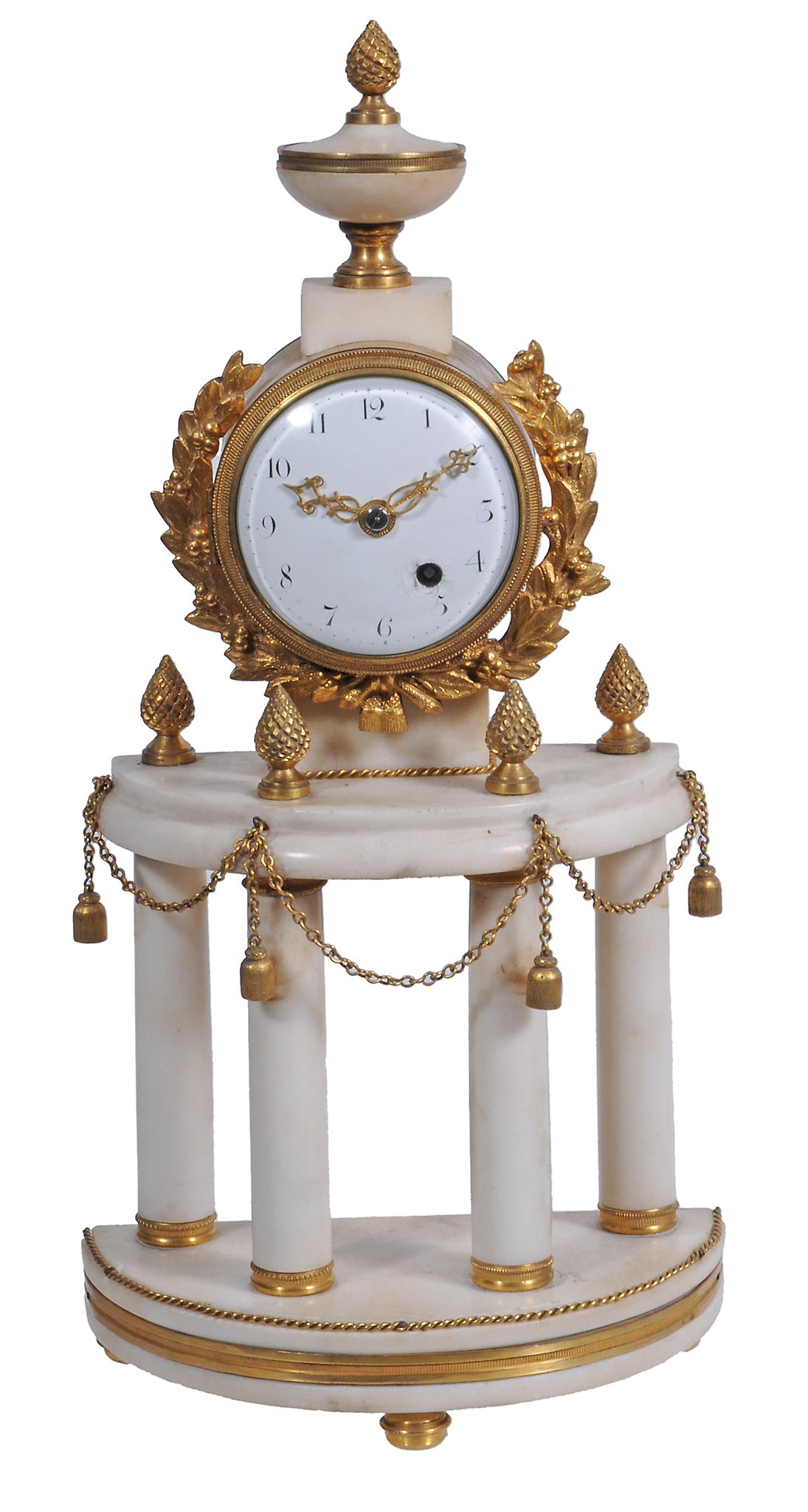A Louis XVI style gilt brass and white marble mantel timepiece, unsigned, early 19th century,   the