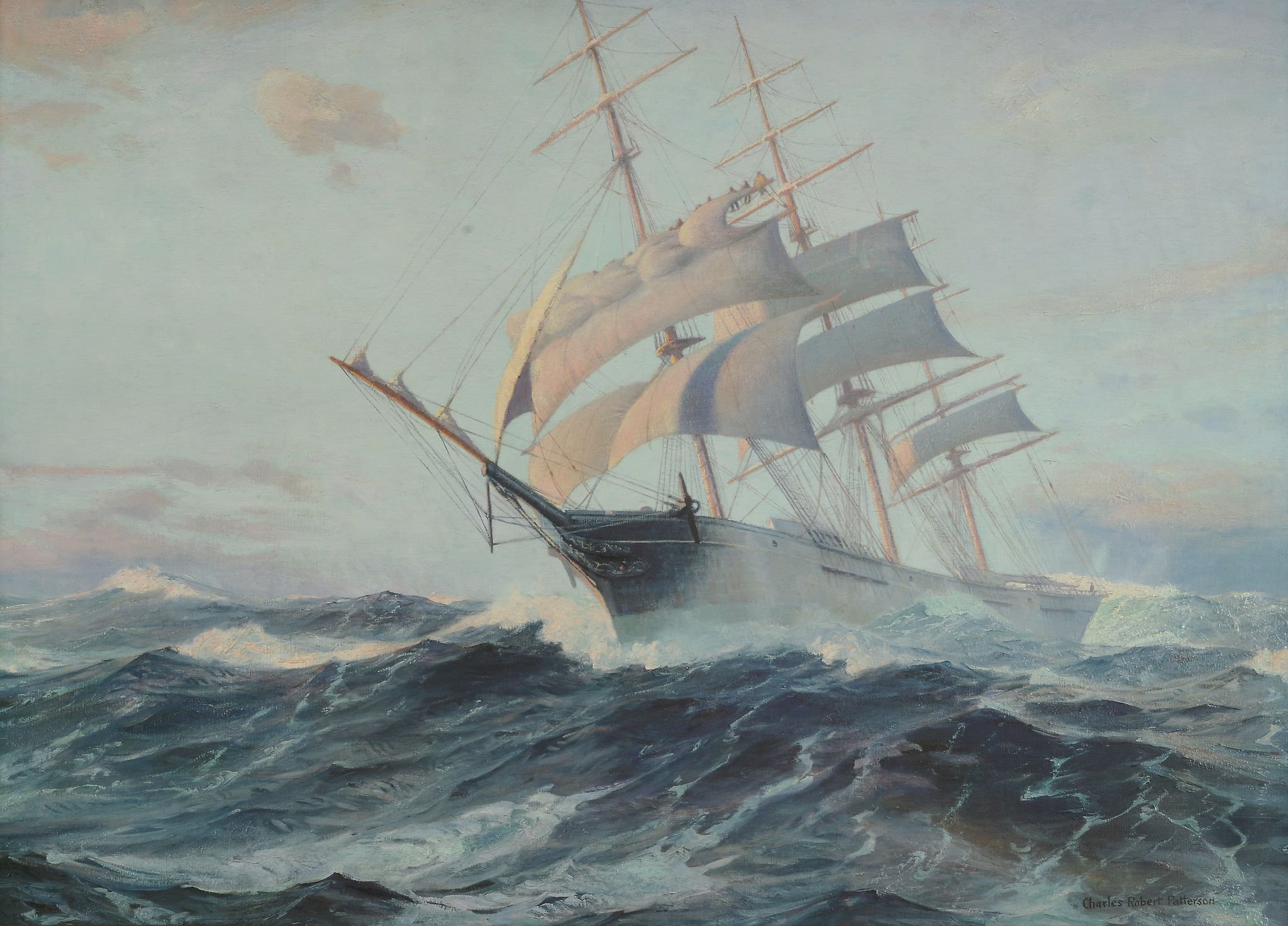 Charles Robert Patterson (1878-1958) - Shortening sail, a ship in heavy seas Oil on canvas Signed